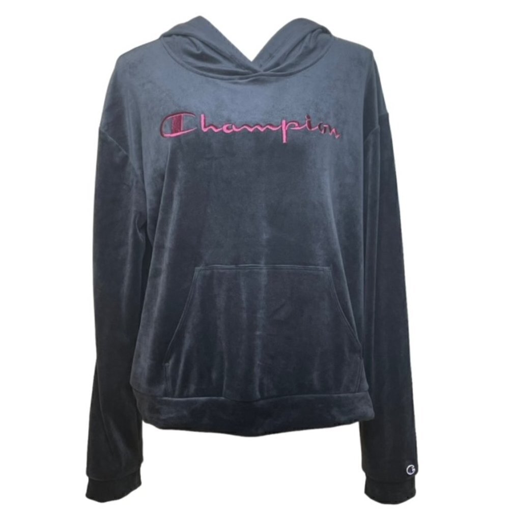 CHAMPION Black Velour Pullover Hooded Sweatshirt - Size Large